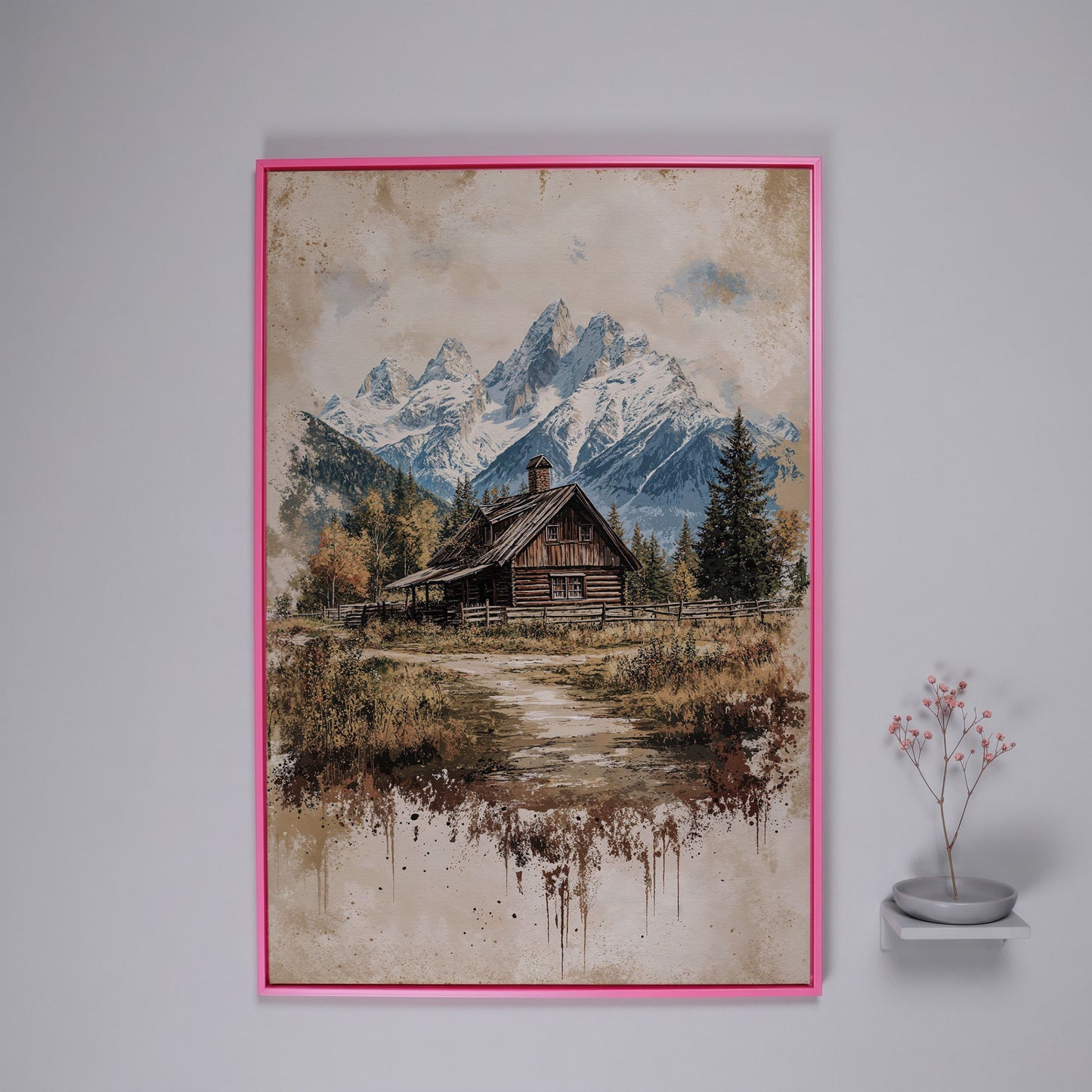 Log Cabin in Autumn Mountains Canvas Wall Art in pink floating frame