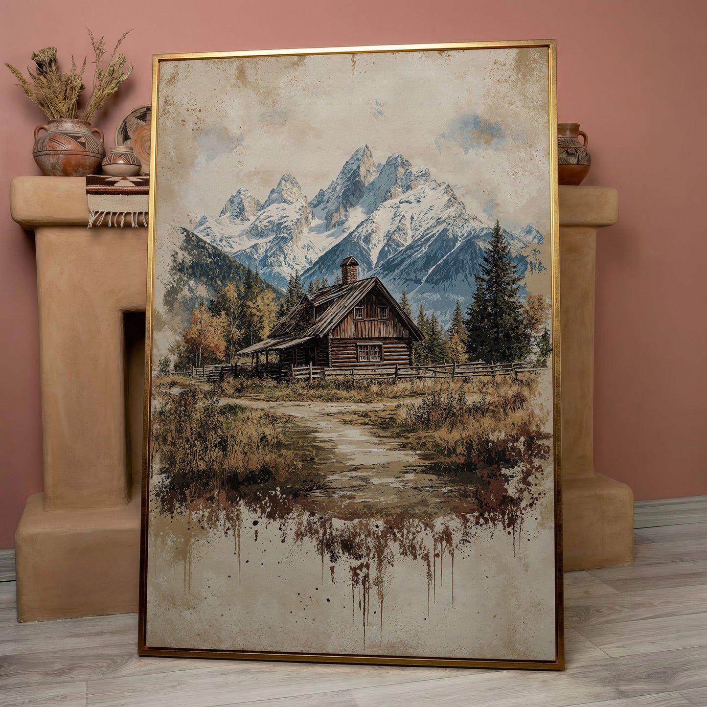Log Cabin in Autumn Mountains Canvas Wall Art in rose gold floating frame
