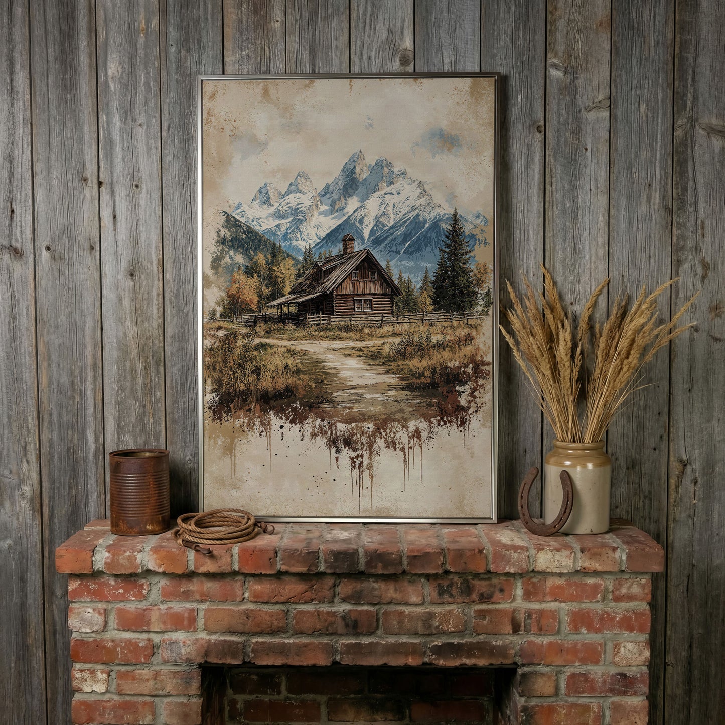 Log Cabin in Autumn Mountains Canvas Wall Art in silver floating frame