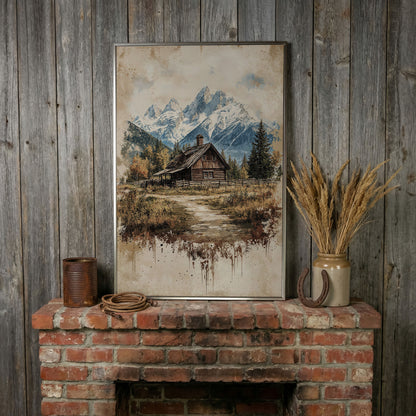 Log Cabin in Autumn Mountains Canvas Wall Art in silver floating frame