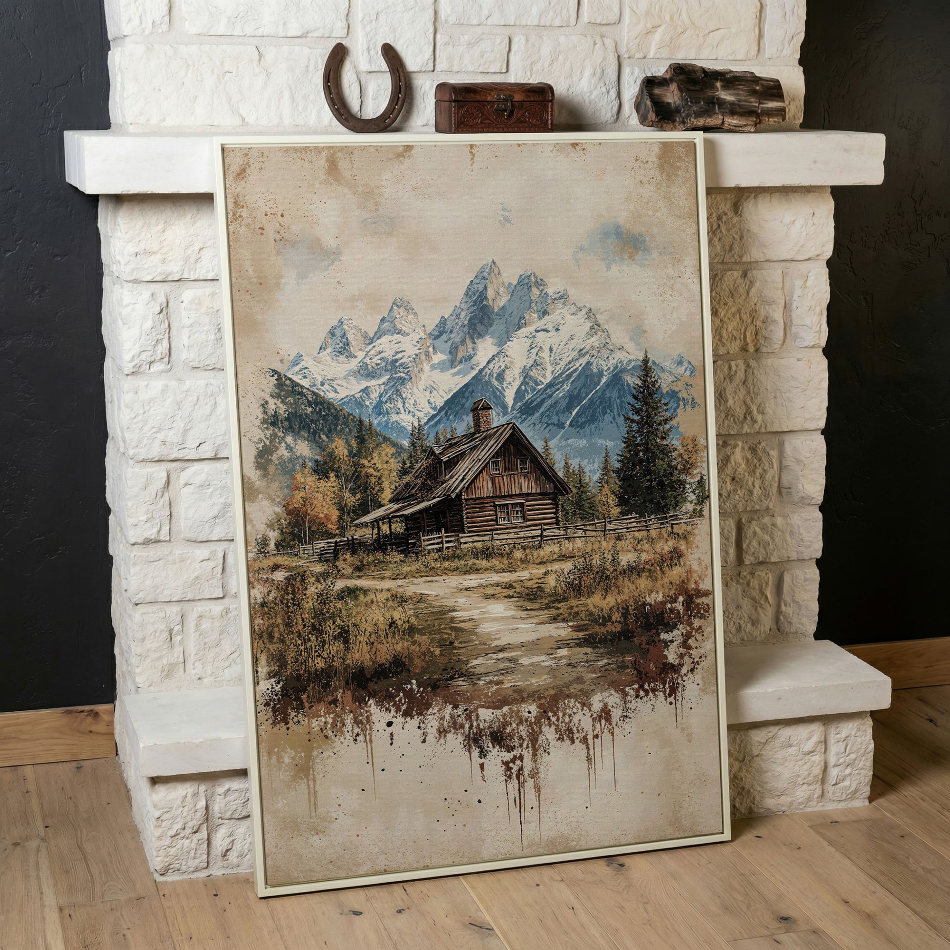 Log Cabin in Autumn Mountains Canvas Wall Art in white floating frame
