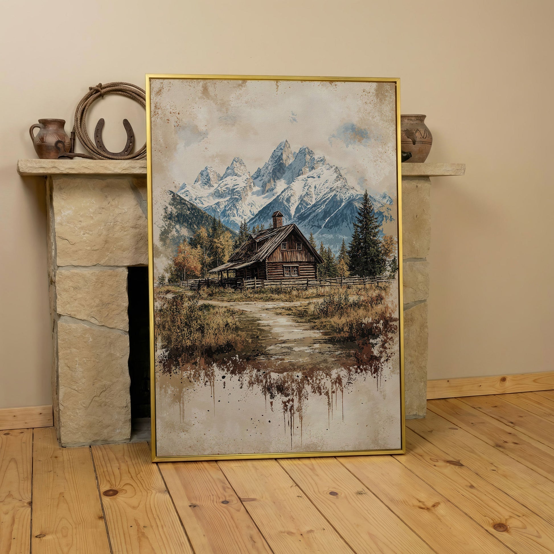 Log Cabin in Autumn Mountains Canvas Wall Art in yellow gold floating frame