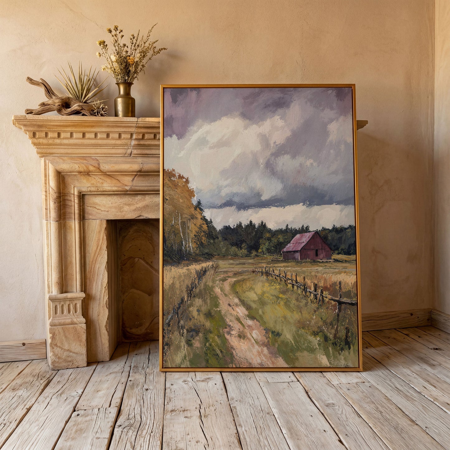 Red Barn with Wooden Fence Canvas Wall Art in antique gold floating frame