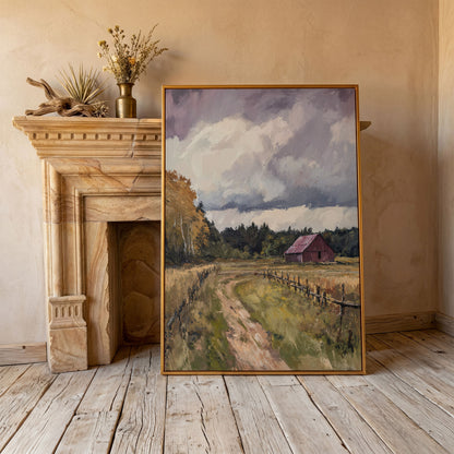 Red Barn with Wooden Fence Canvas Wall Art in antique gold floating frame