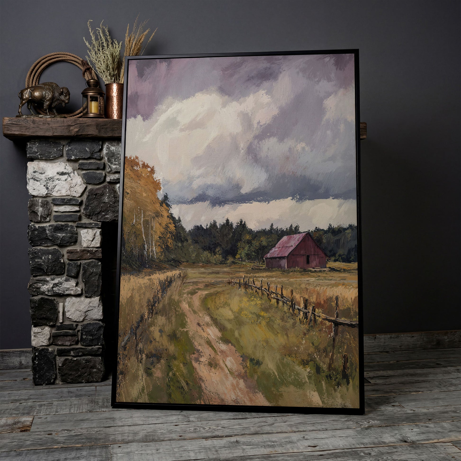 Red Barn with Wooden Fence Canvas Wall Art in black floating frame