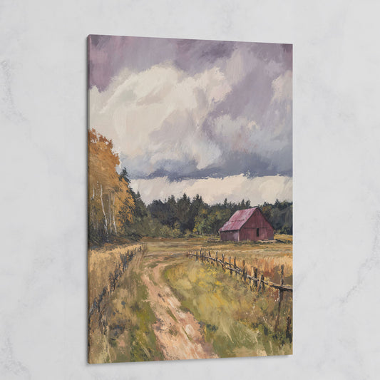 Red Barn with Wooden Fence Canvas Wall Art on gallery wrap
