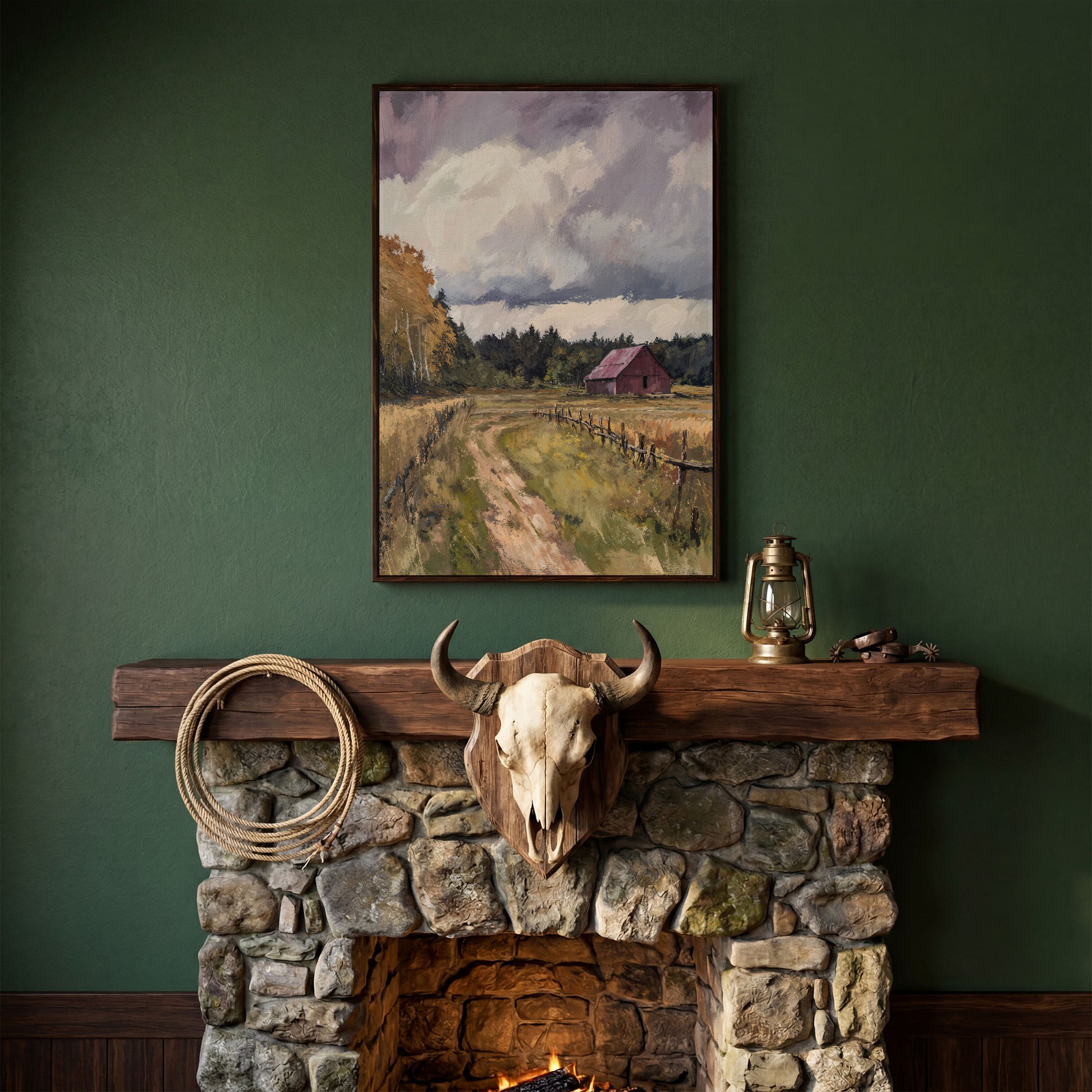 Red Barn with Wooden Fence Canvas Wall Art in dark walnut floating frame