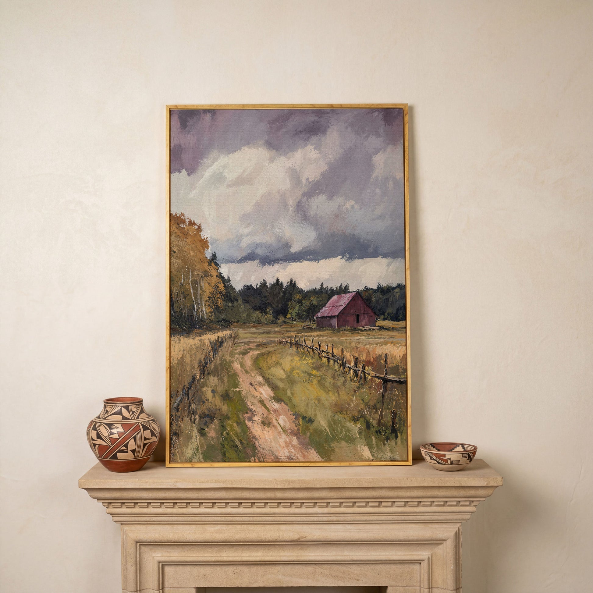 Red Barn with Wooden Fence Canvas Wall Art in white oak floating frame