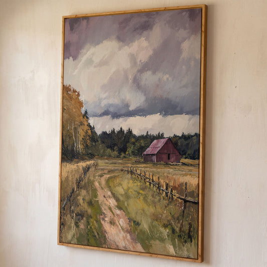 Red Barn with Wooden Fence Canvas Wall Art shown in white oak floating frame