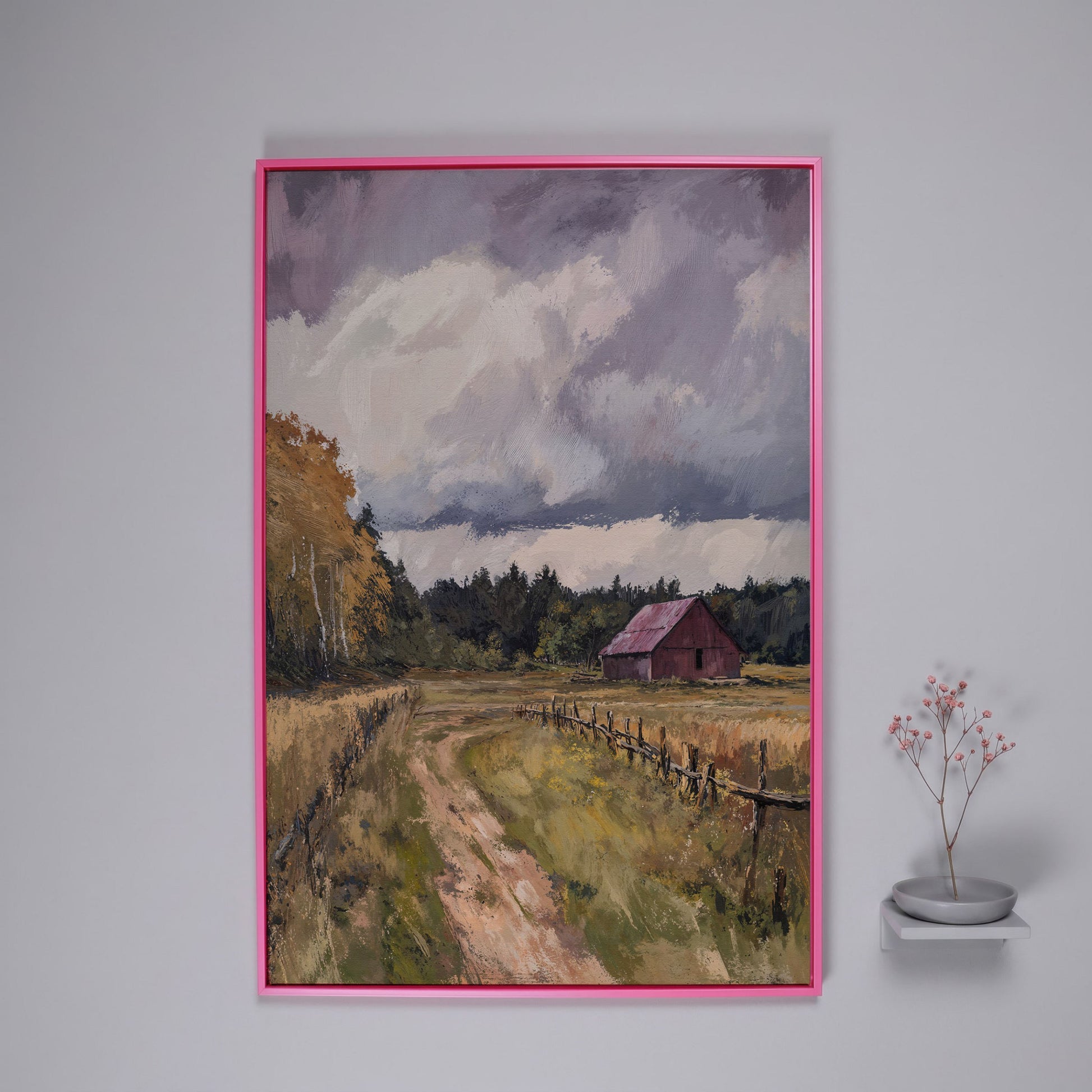 Red Barn with Wooden Fence Canvas Wall Art in pink floating frame