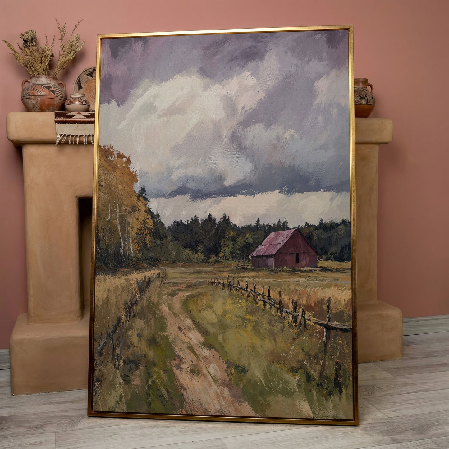 Red Barn with Wooden Fence Canvas Wall Art in rose gold floating frame