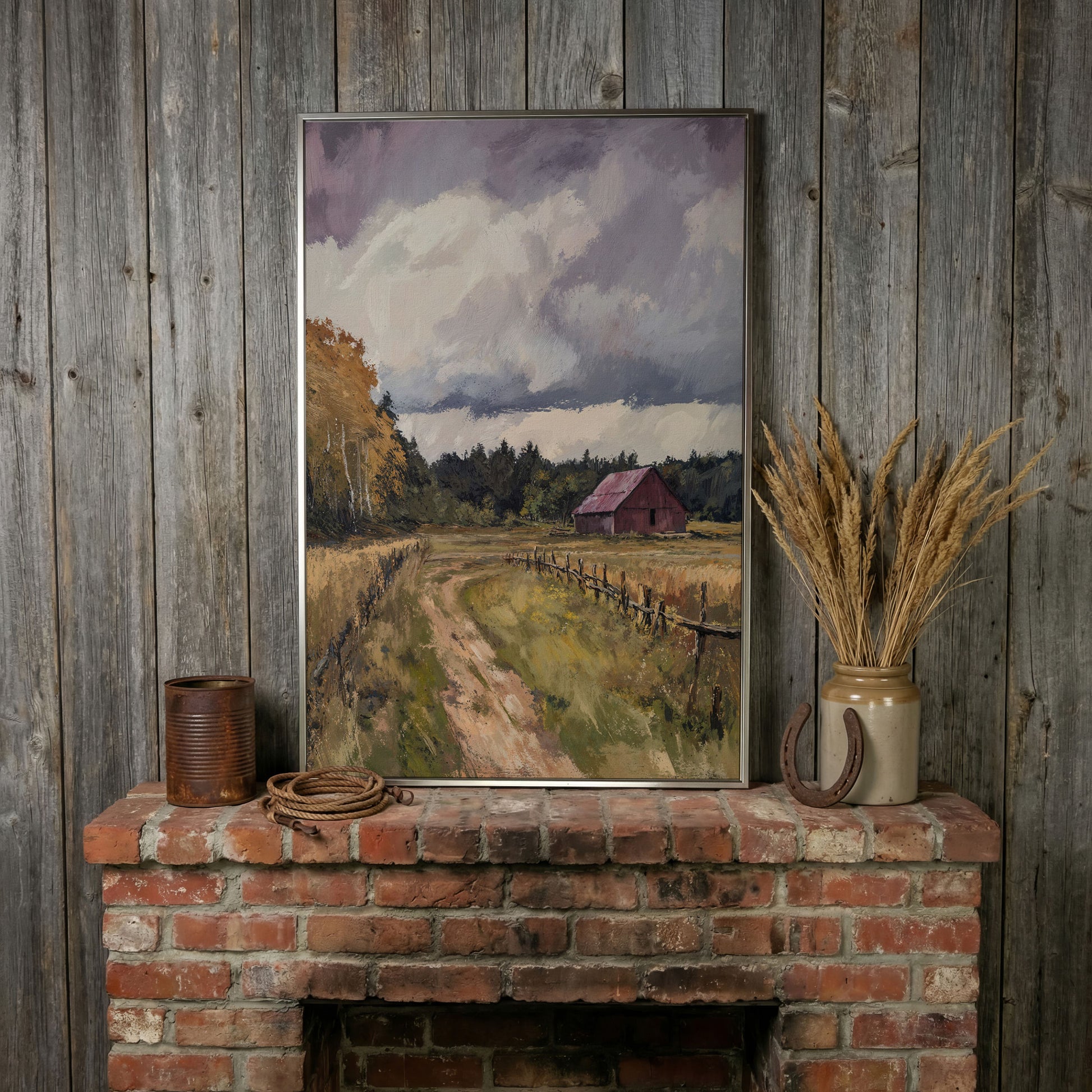 Red Barn with Wooden Fence Canvas Wall Art in silver floating frame