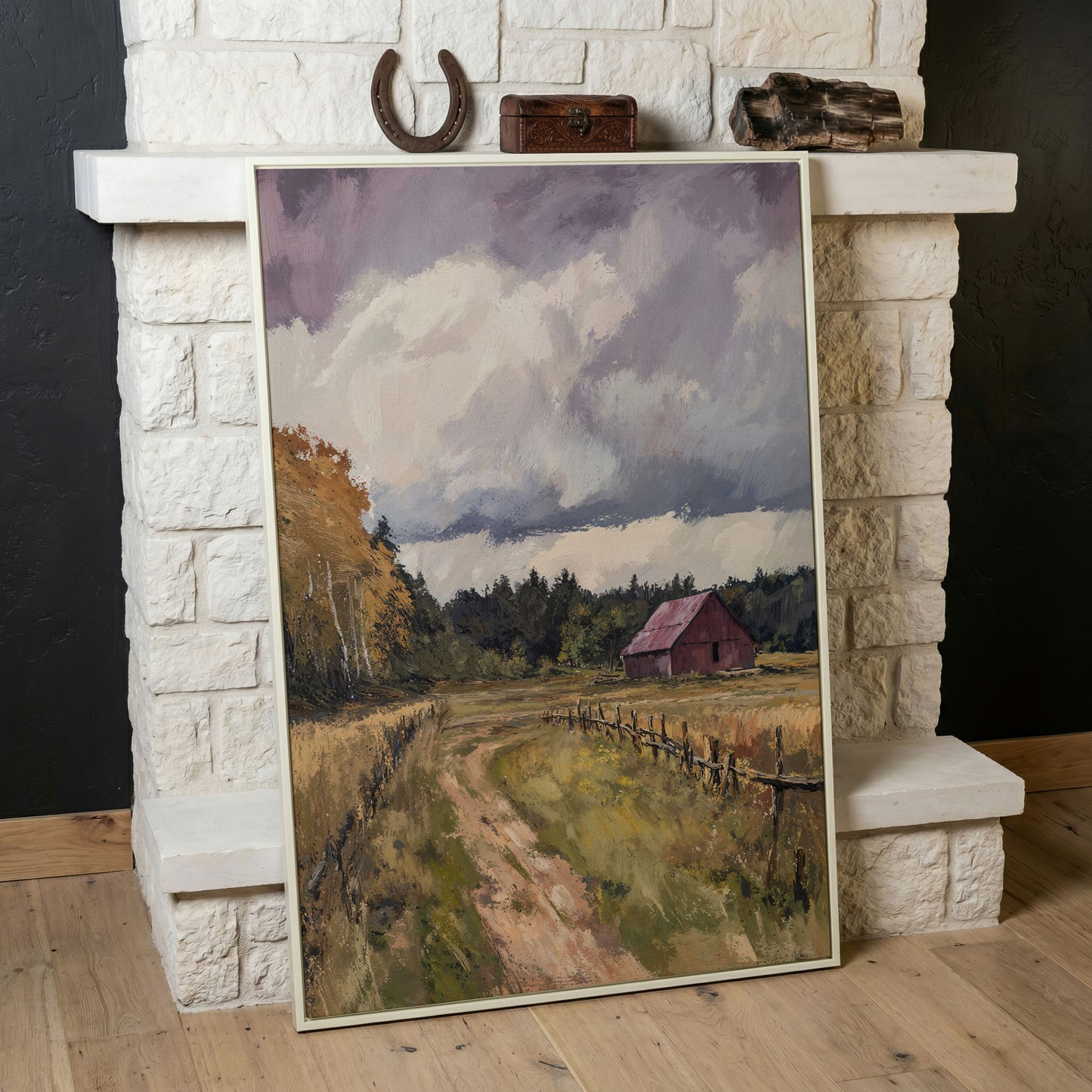 Red Barn with Wooden Fence Canvas Wall Art in white floating frame