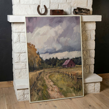 Red Barn with Wooden Fence Canvas Wall Art in white floating frame
