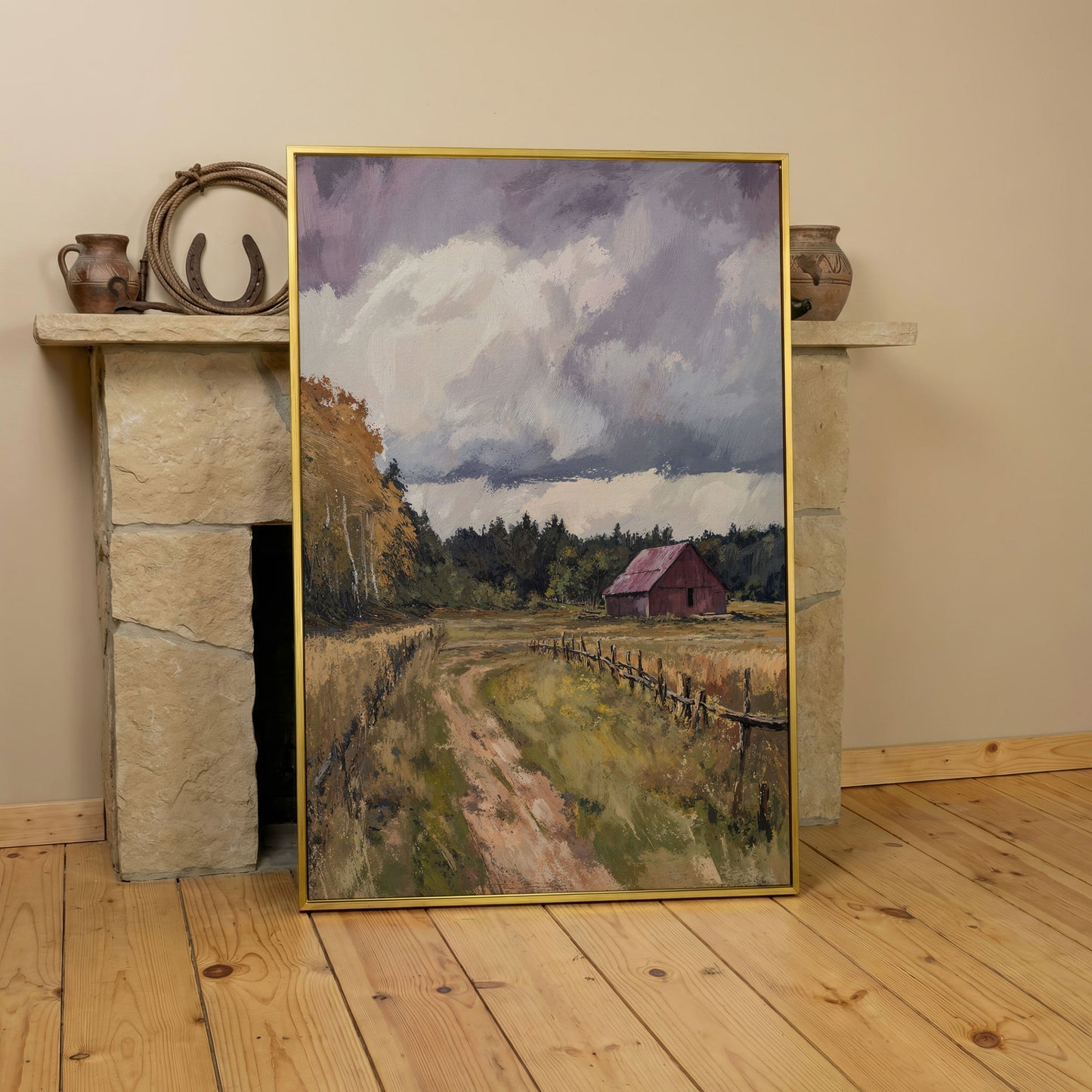 Red Barn with Wooden Fence Canvas Wall Art in yellow gold floating frame