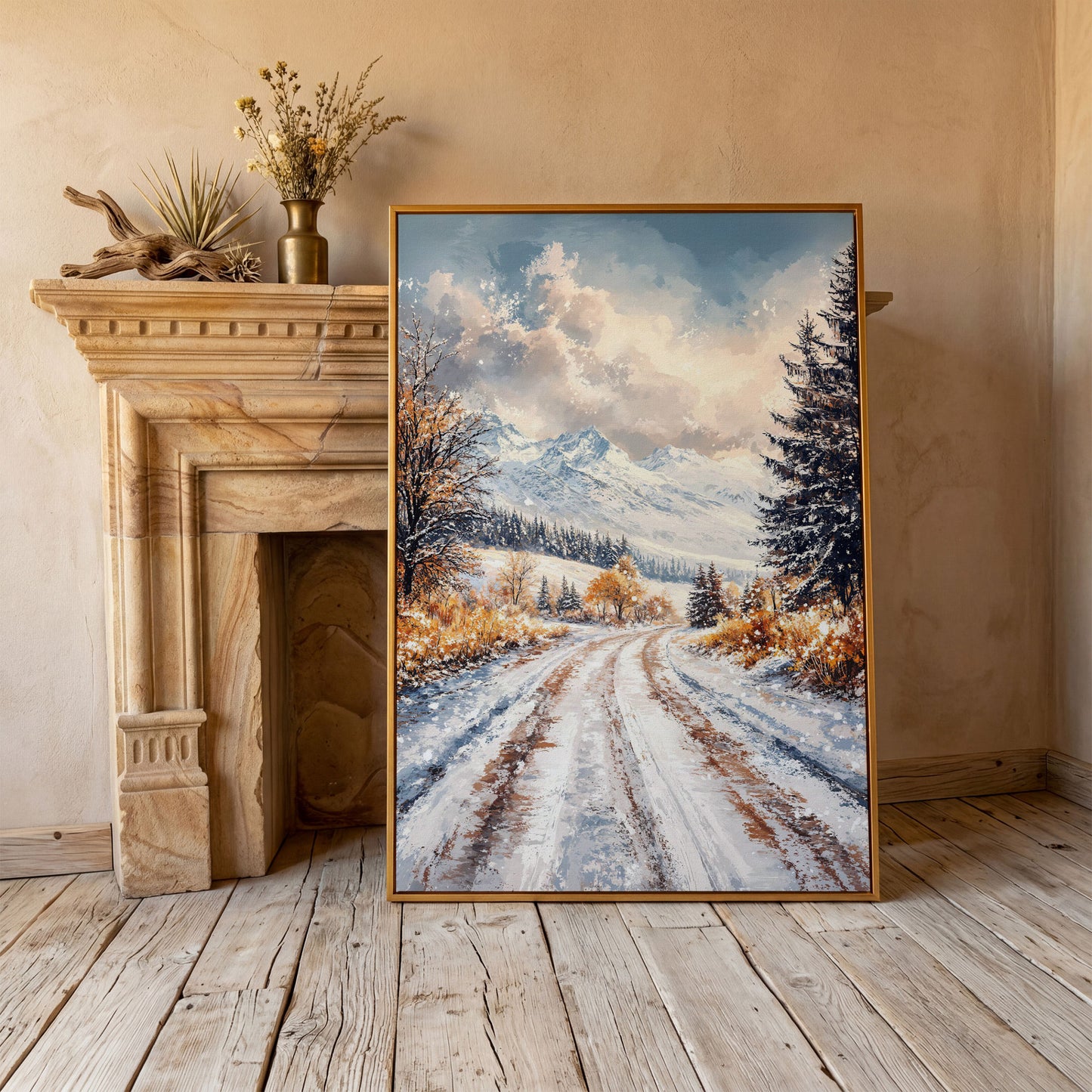 Winter Mountain Road Canvas Print in antique gold floating frame