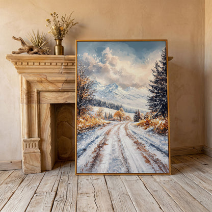 Winter Mountain Road Canvas Print in antique gold floating frame