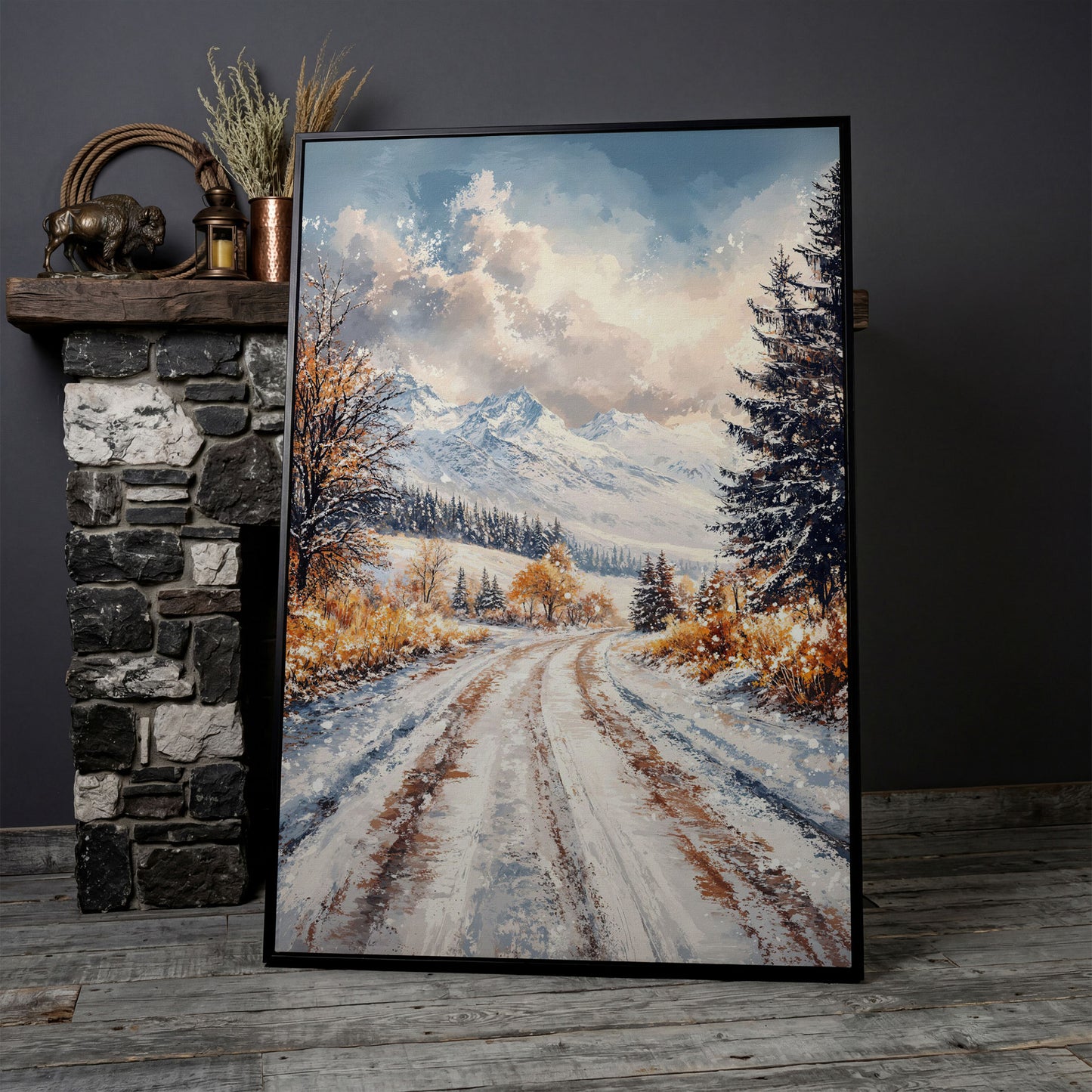 Winter Mountain Road Canvas Print in black floating frame