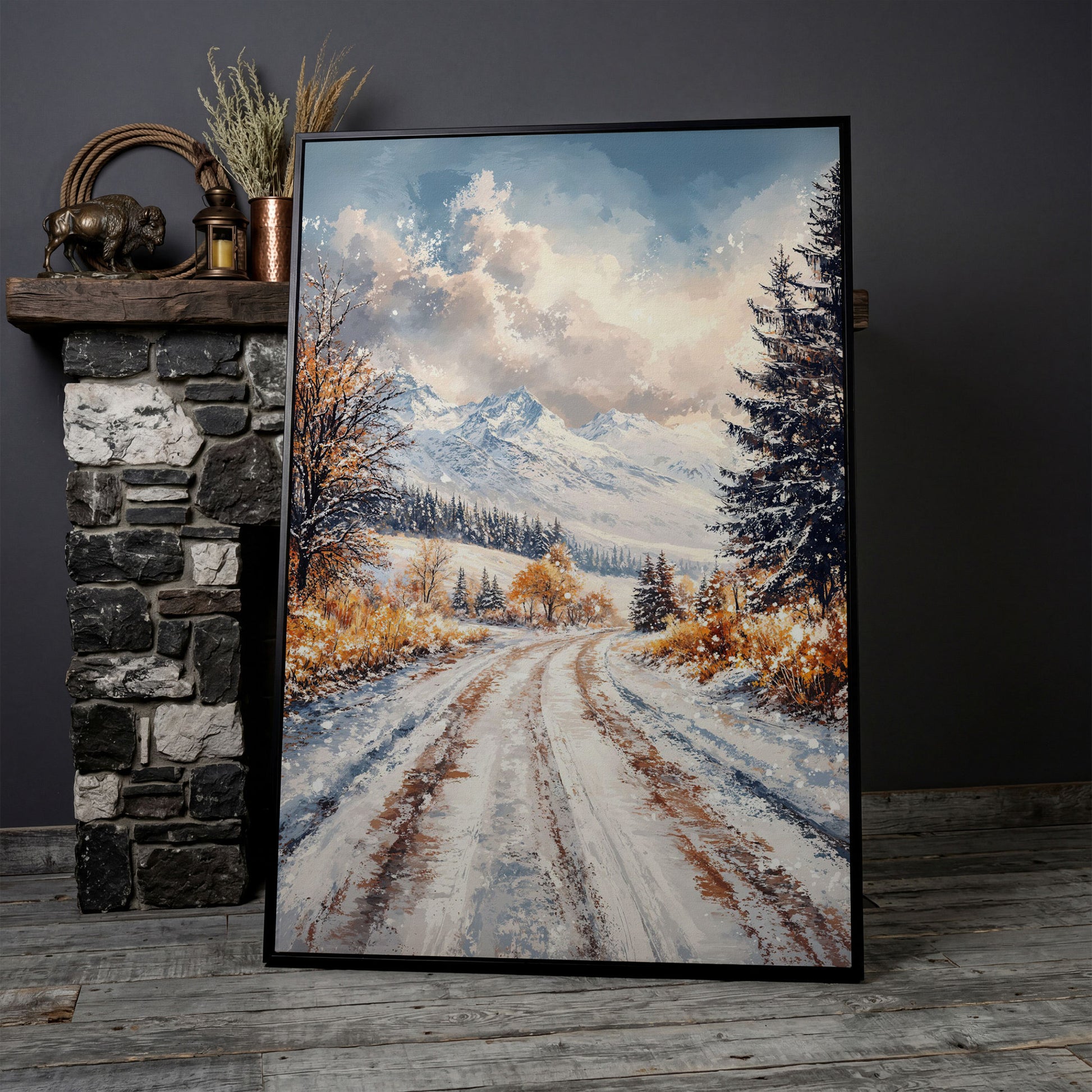 Winter Mountain Road Canvas Print in black floating frame