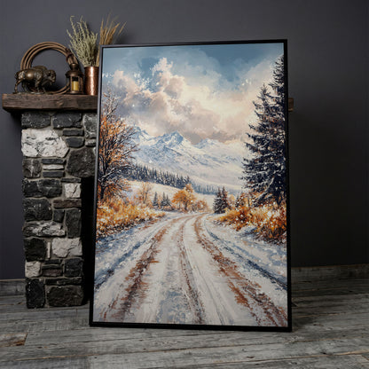 Winter Mountain Road Canvas Print in black floating frame