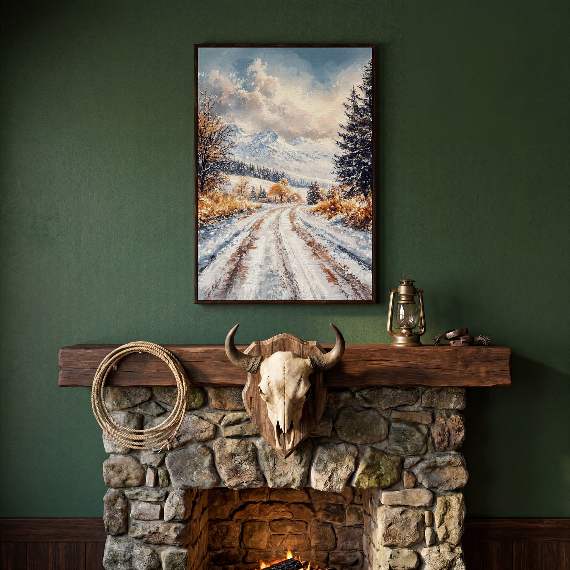 Winter Mountain Road Canvas Print in dark walnut floating frame