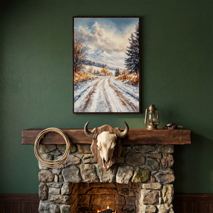 Winter Mountain Road Canvas Print in dark walnut floating frame