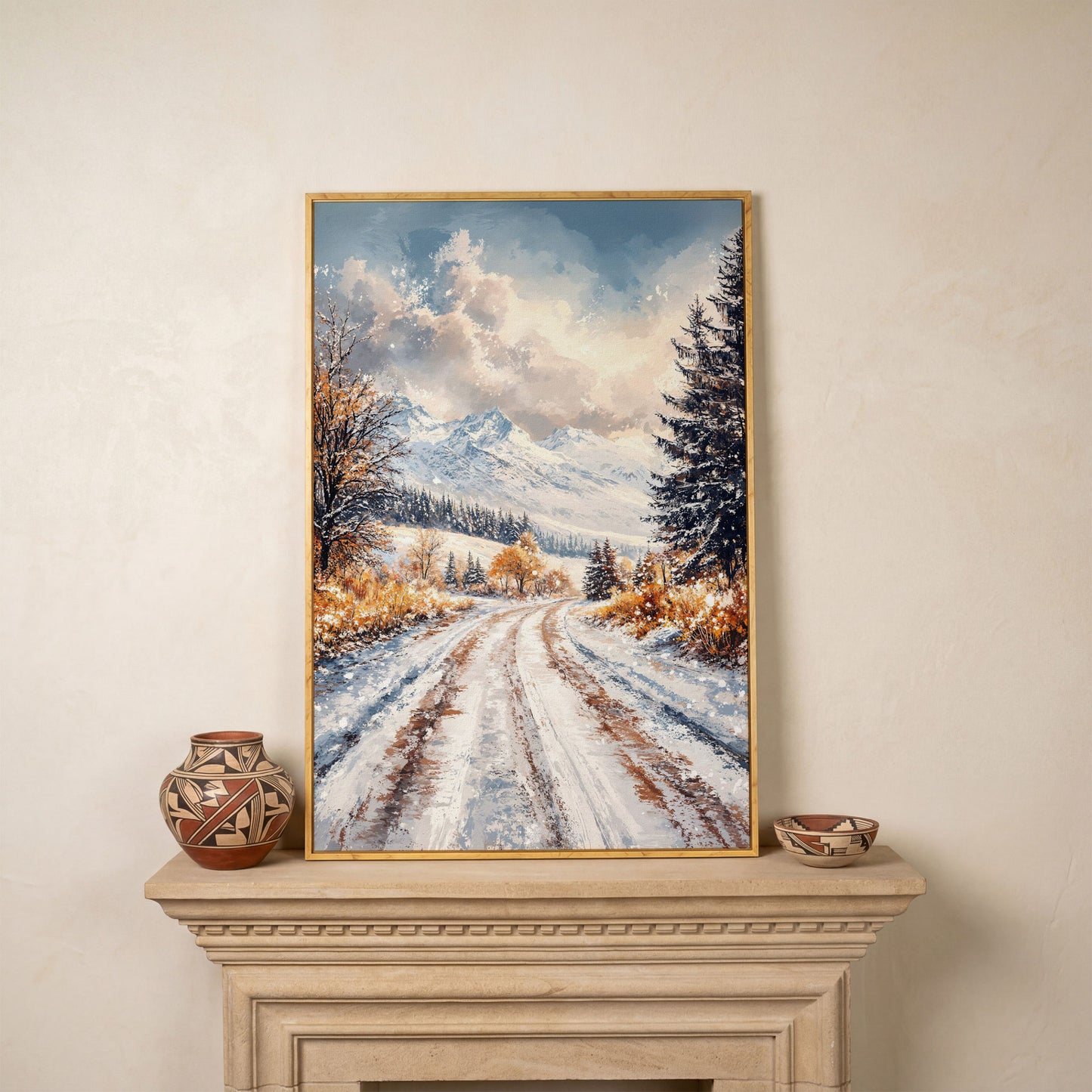 Winter Mountain Road Canvas Print in white oak floating frame