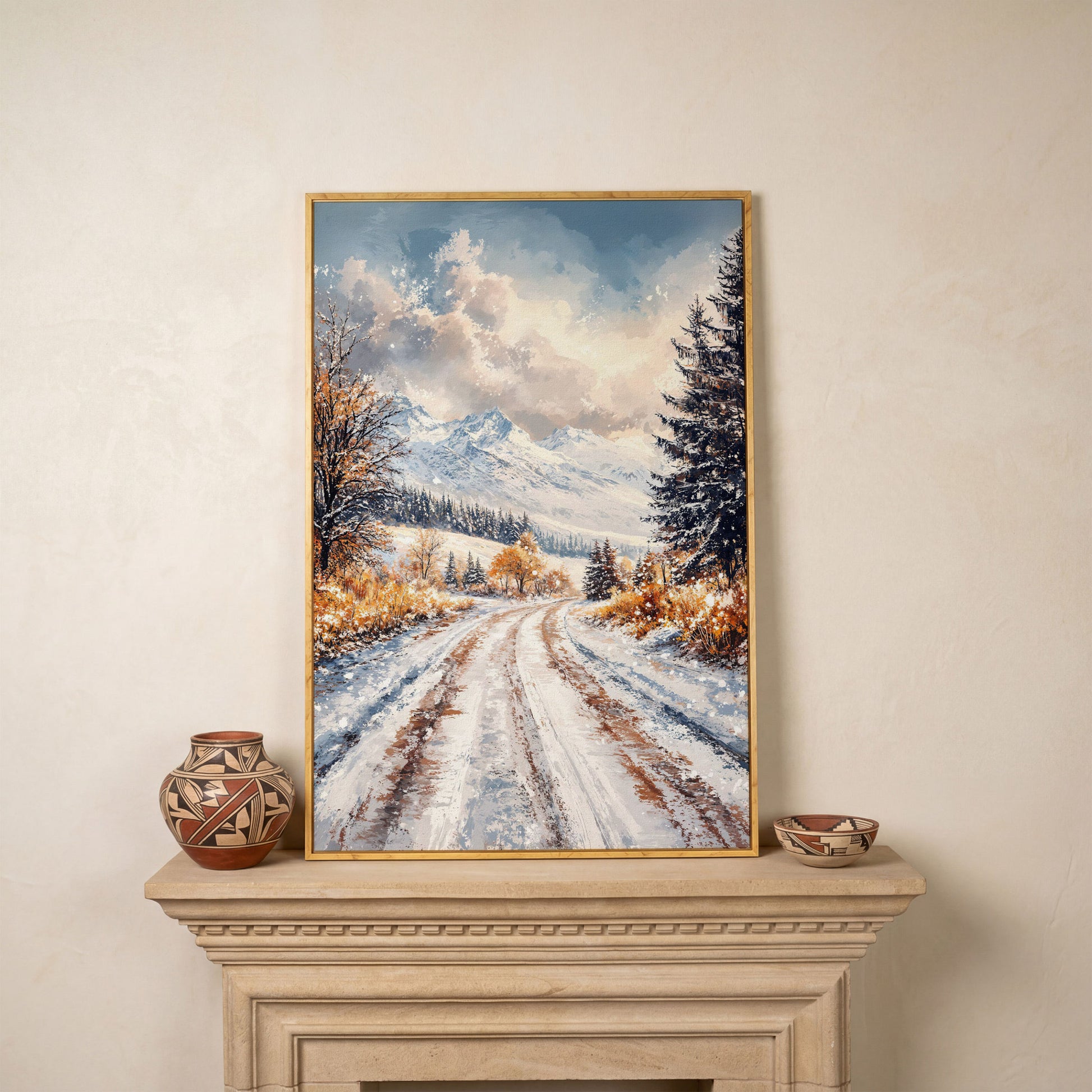 Winter Mountain Road Canvas Print in white oak floating frame