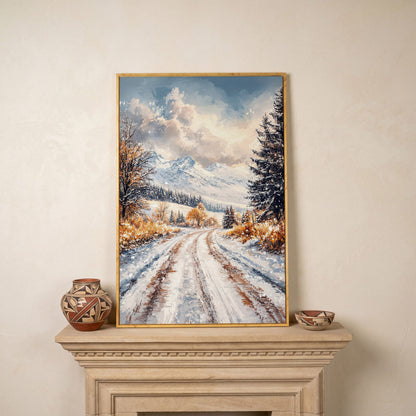 Winter Mountain Road Canvas Print in white oak floating frame