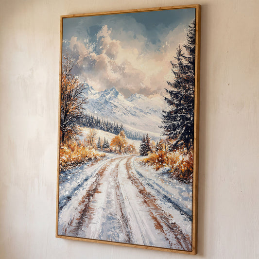Winter Mountain Road Canvas Print shown in white oak floating frame