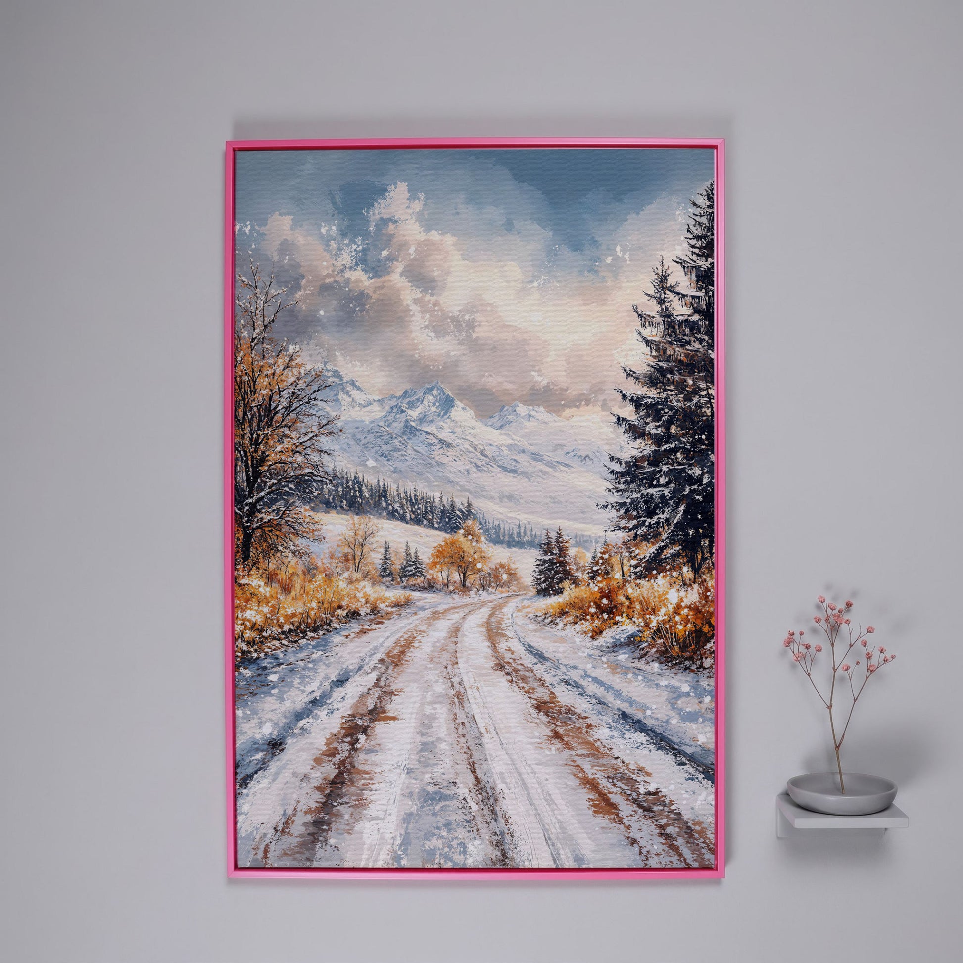 Winter Mountain Road Canvas Print in pink floating frame