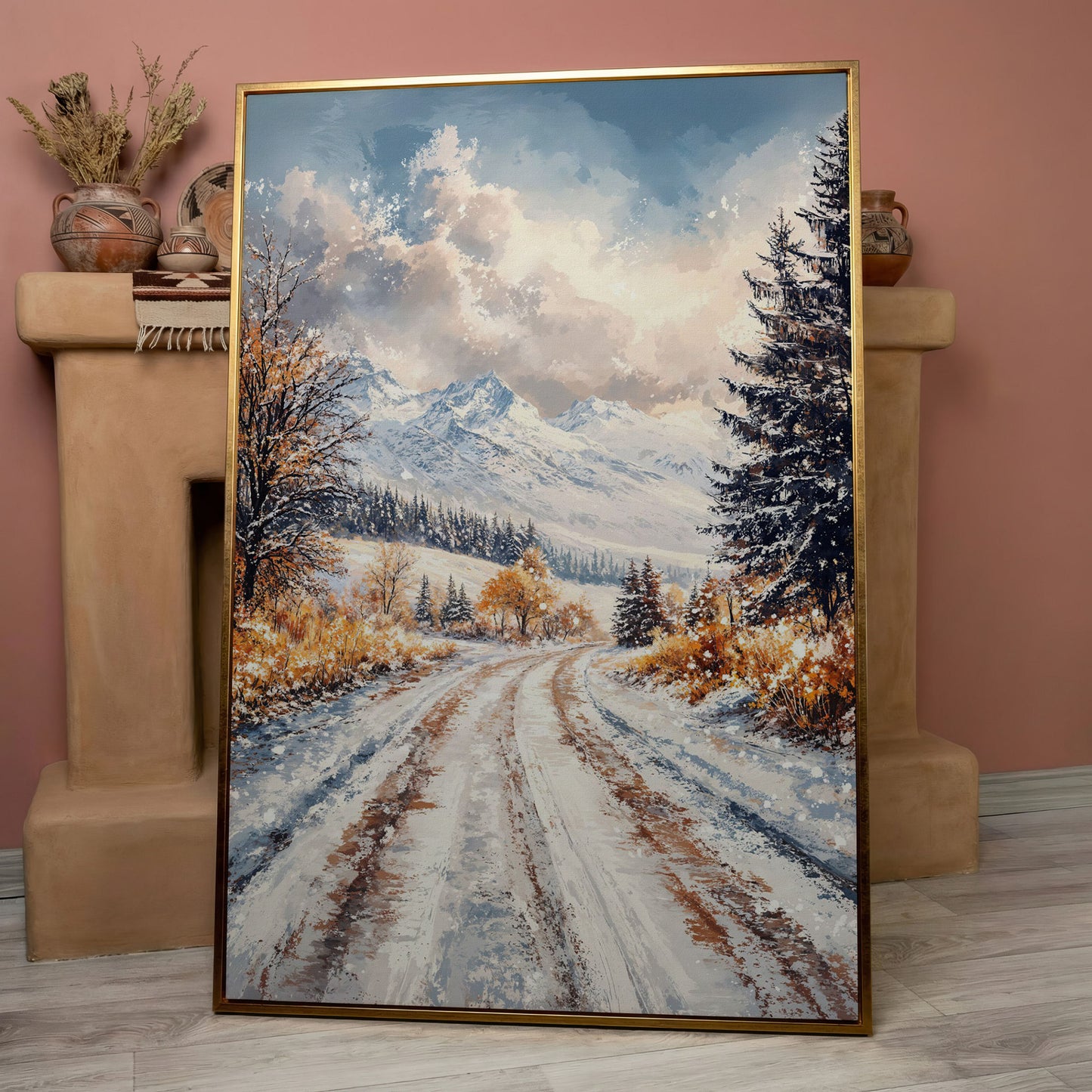 Winter Mountain Road Canvas Print in rose gold floating frame