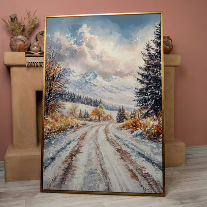 Winter Mountain Road Canvas Print in rose gold floating frame