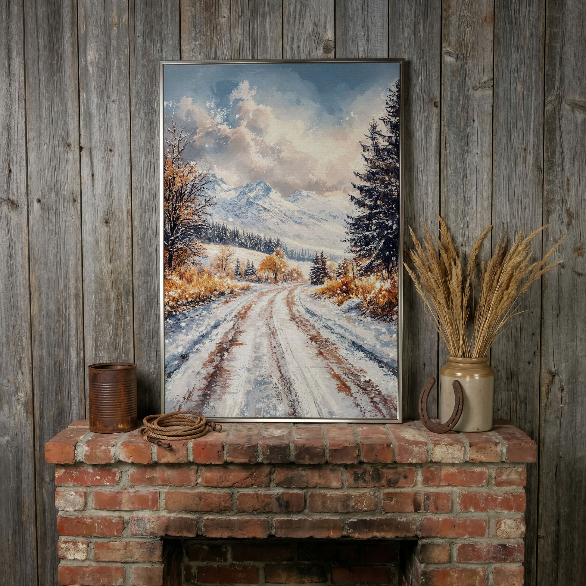 Winter Mountain Road Canvas Print in silver floating frame