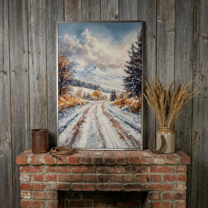 Winter Mountain Road Canvas Print in silver floating frame