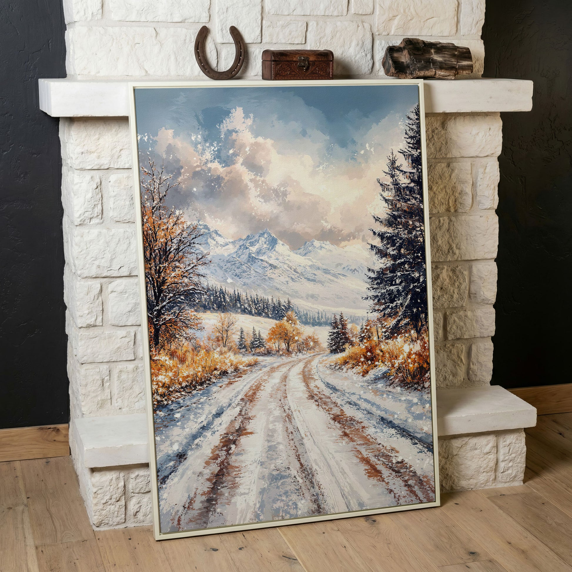 Winter Mountain Road Canvas Print in white floating frame