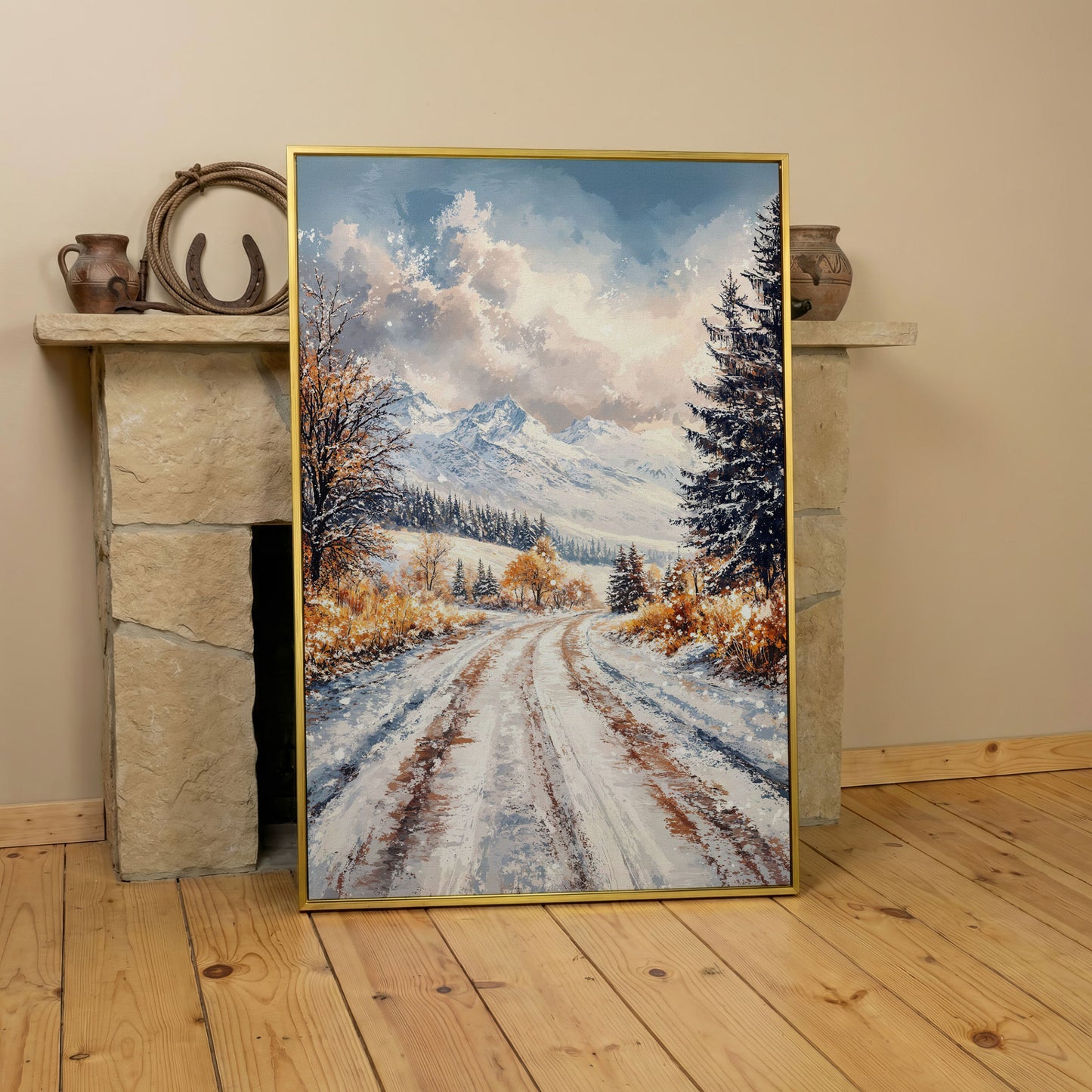 Winter Mountain Road Canvas Print in yellow gold floating frame
