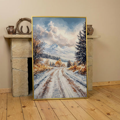 Winter Mountain Road Canvas Print in yellow gold floating frame