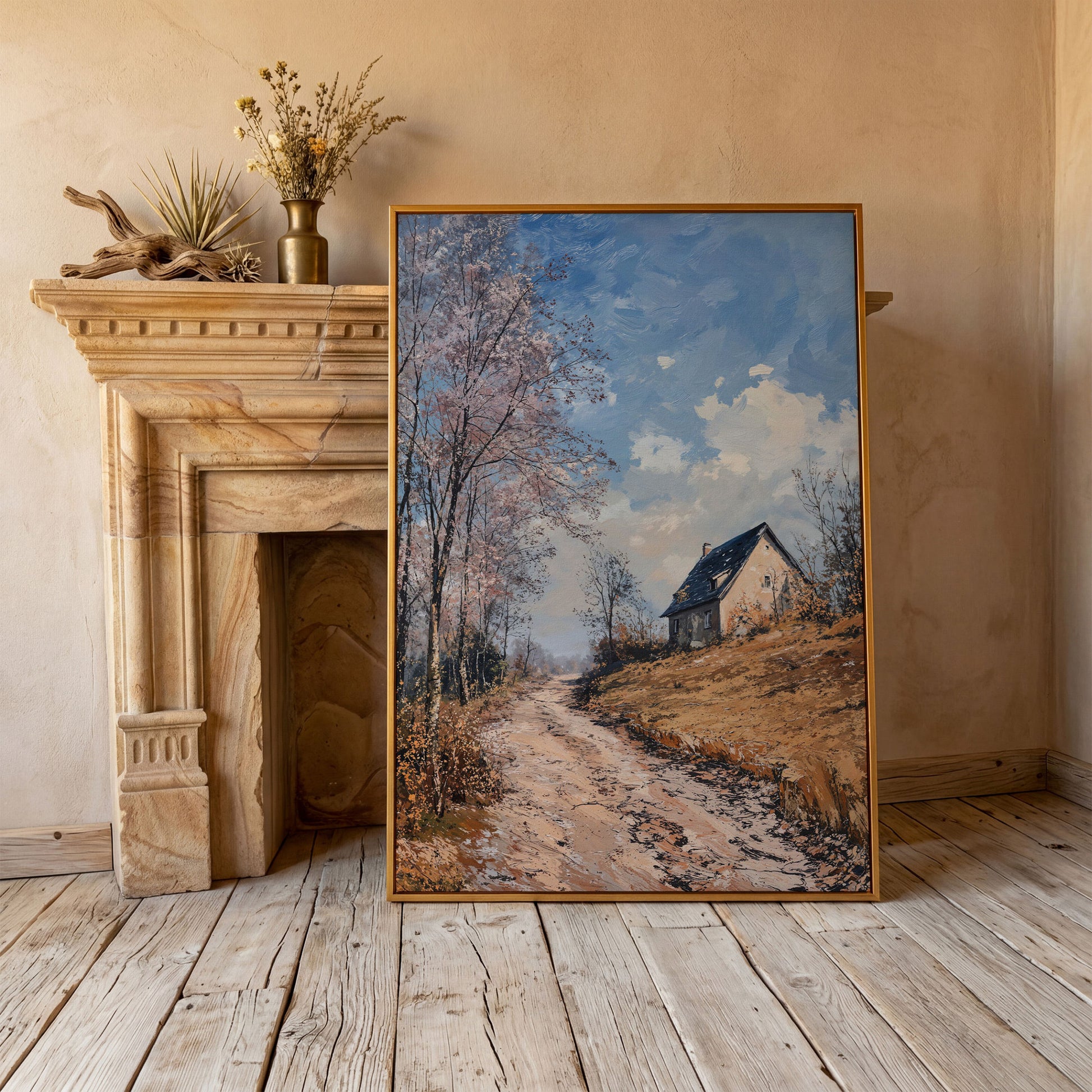 Country Road to Autumn Cottage Canvas in antique gold floating frame