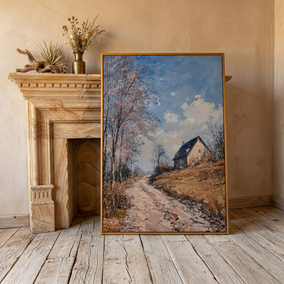 Country Road to Autumn Cottage Canvas in antique gold floating frame
