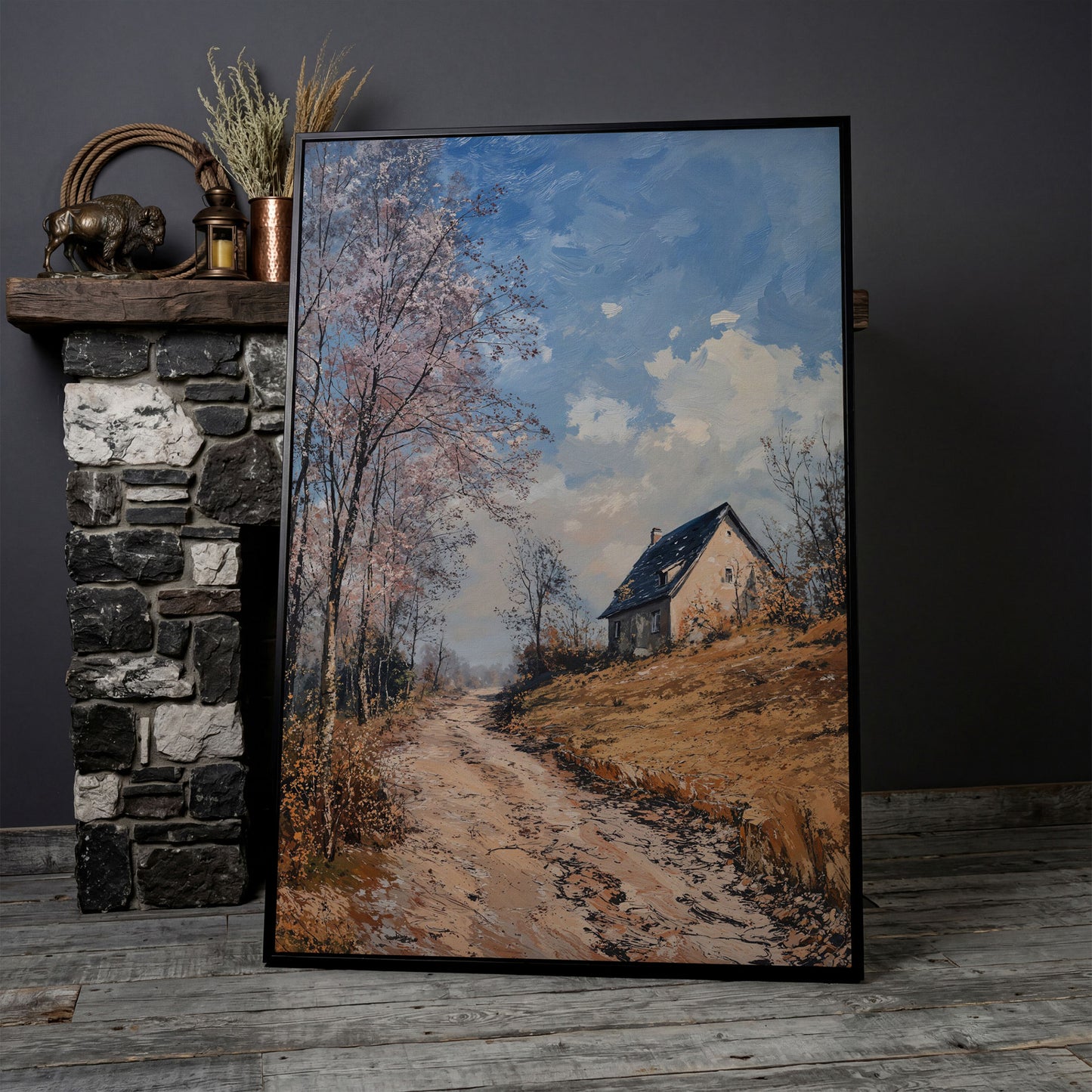 Country Road to Autumn Cottage Canvas in black floating frame