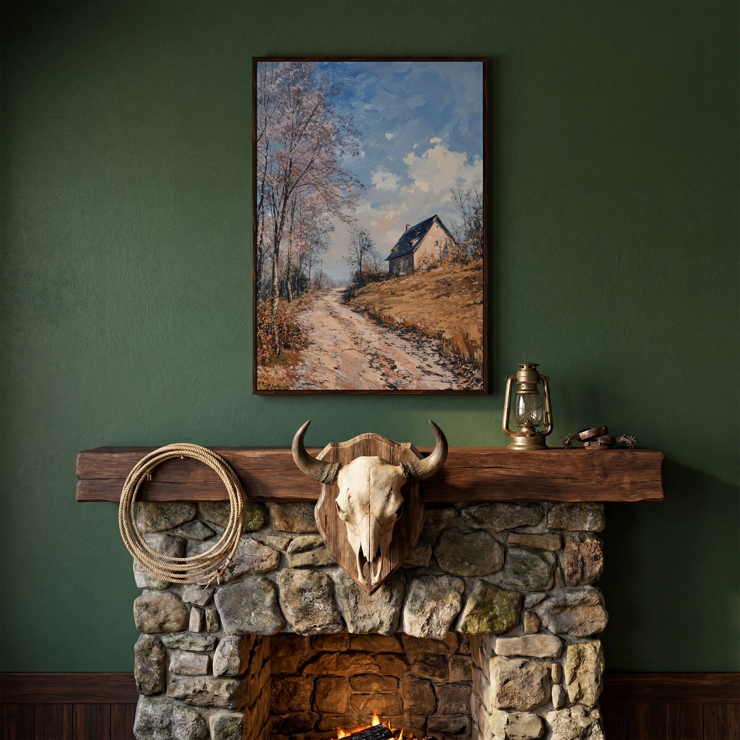 Country Road to Autumn Cottage Canvas in dark walnut floating frame