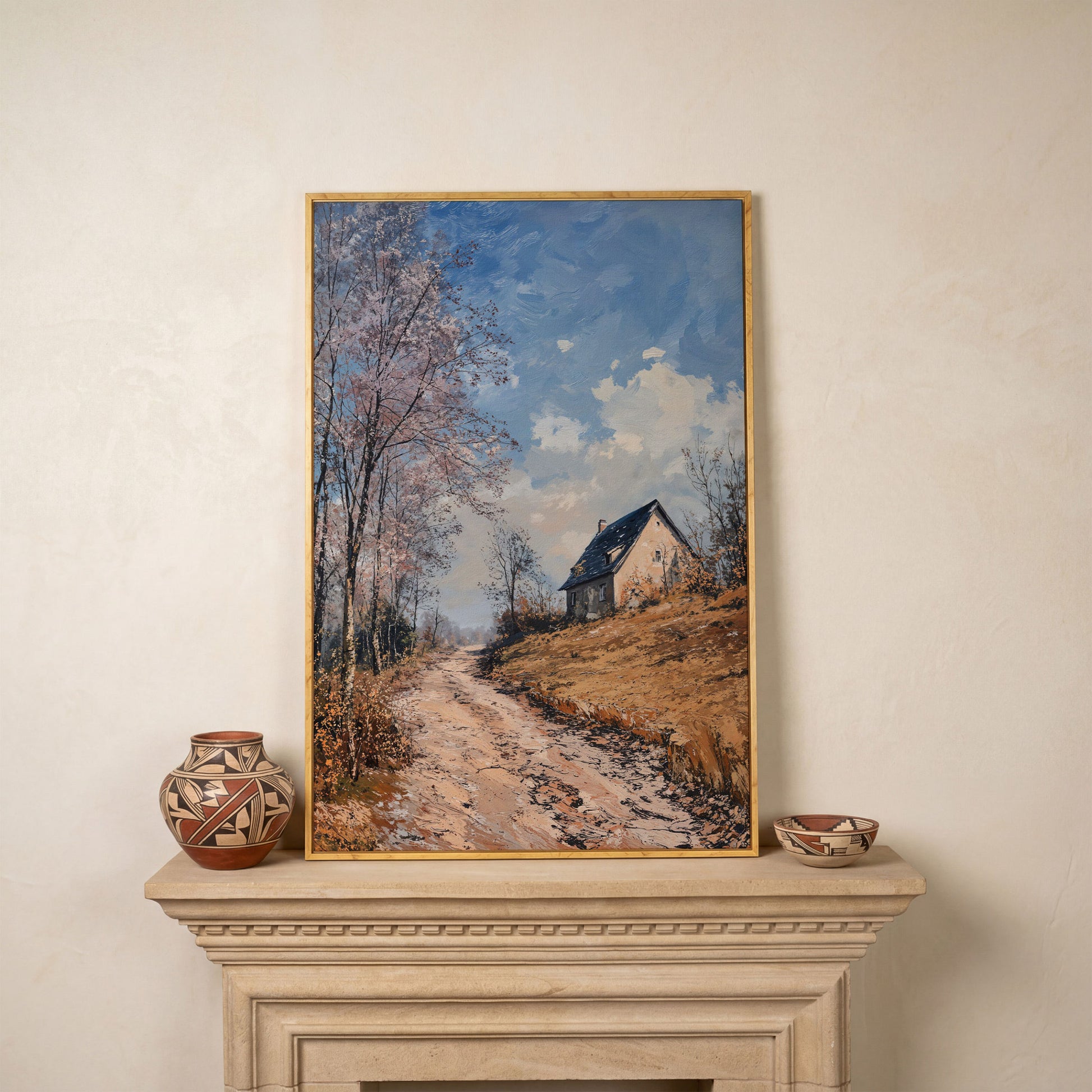 Country Road to Autumn Cottage Canvas in white oak floating frame