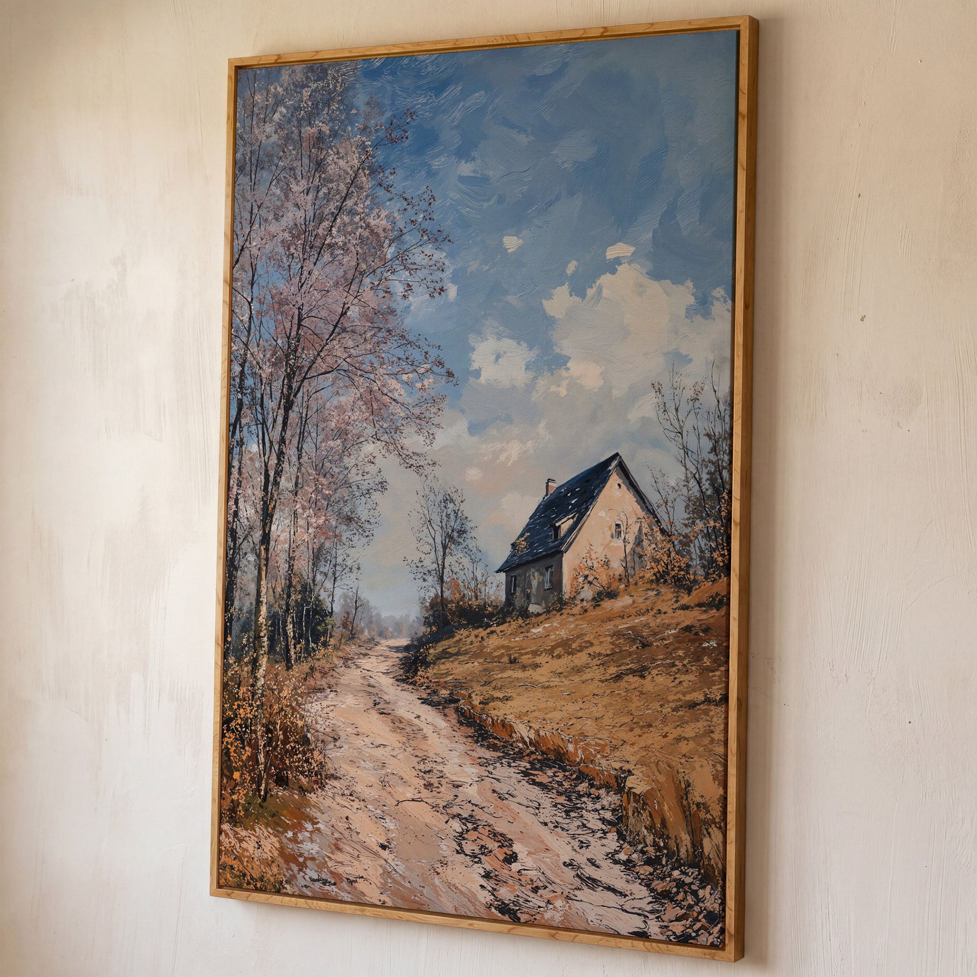 Country Road to Autumn Cottage Canvas shown in white oak floating frame