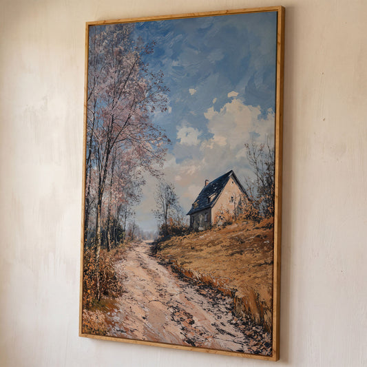 Country Road to Autumn Cottage Canvas shown in white oak floating frame