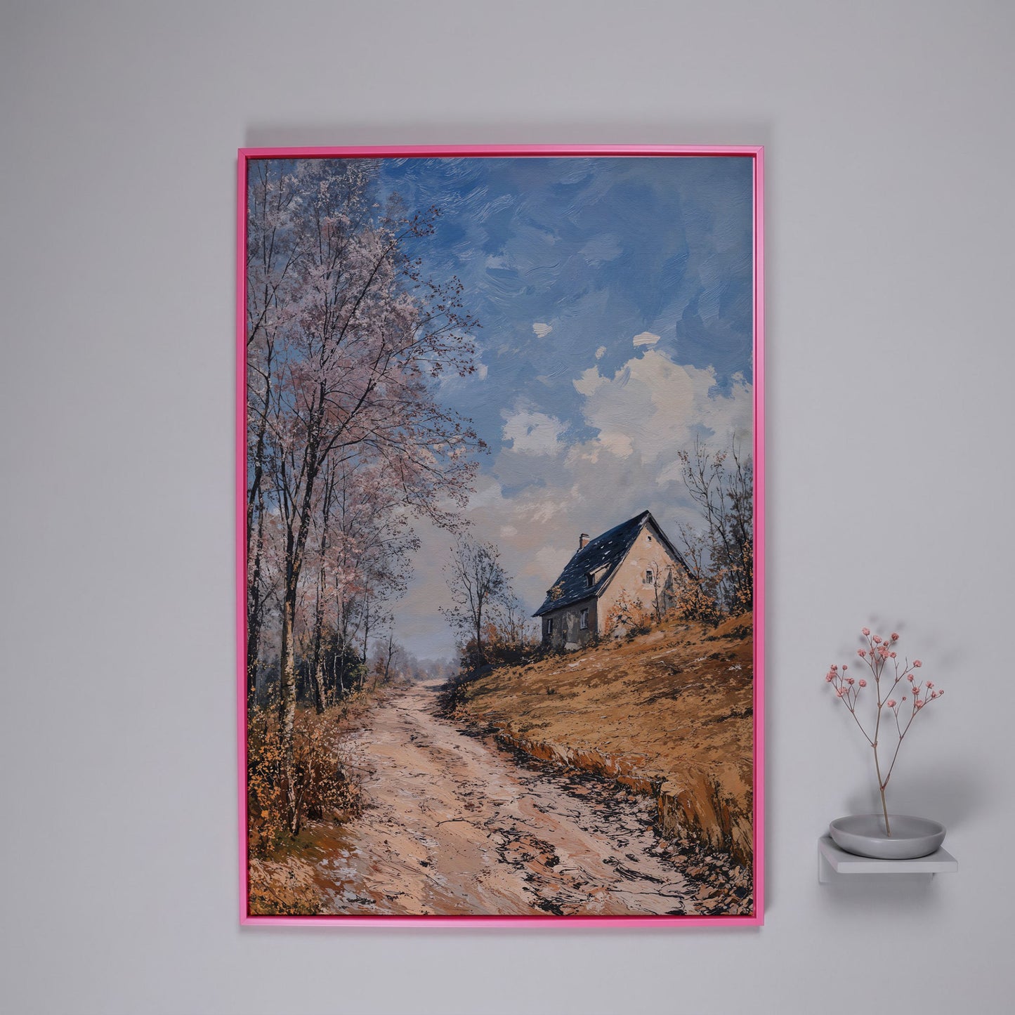 Country Road to Autumn Cottage Canvas in pink floating frame