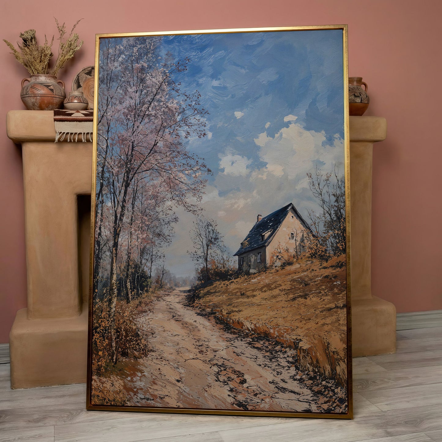 Country Road to Autumn Cottage Canvas in rose gold floating frame