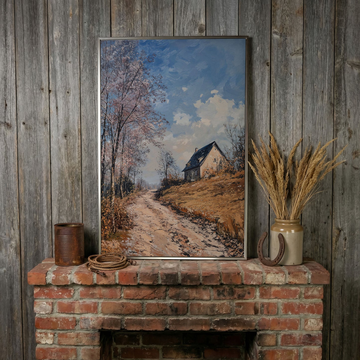 Country Road to Autumn Cottage Canvas in silver floating frame