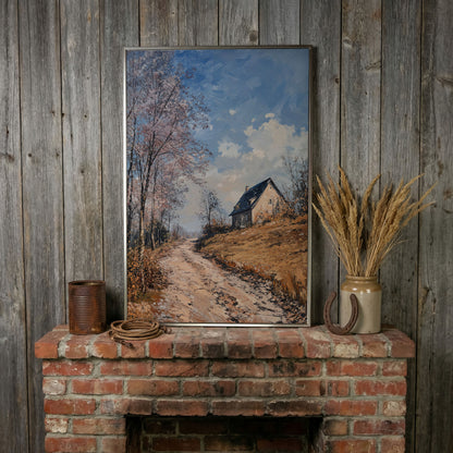 Country Road to Autumn Cottage Canvas in silver floating frame
