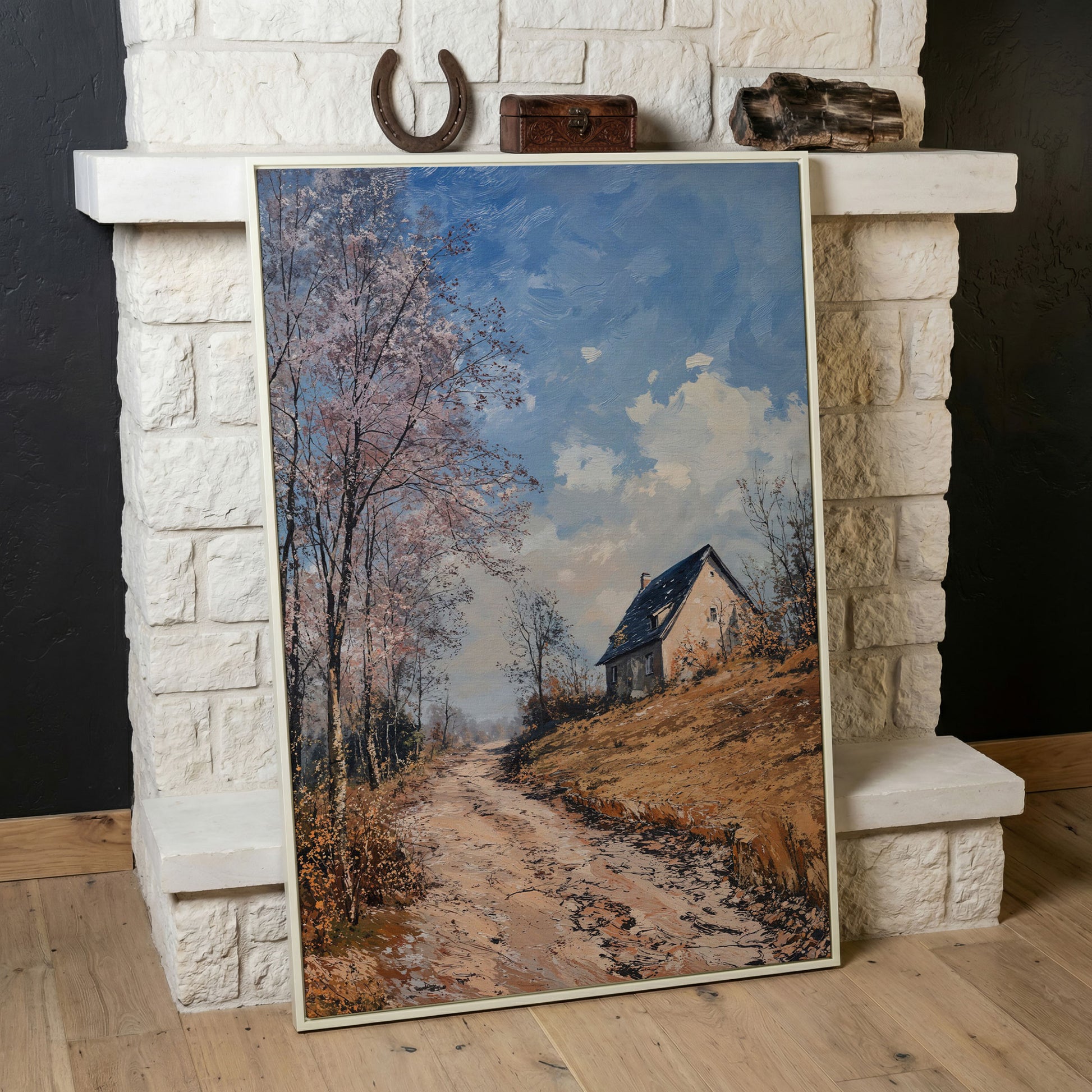 Country Road to Autumn Cottage Canvas in white floating frame